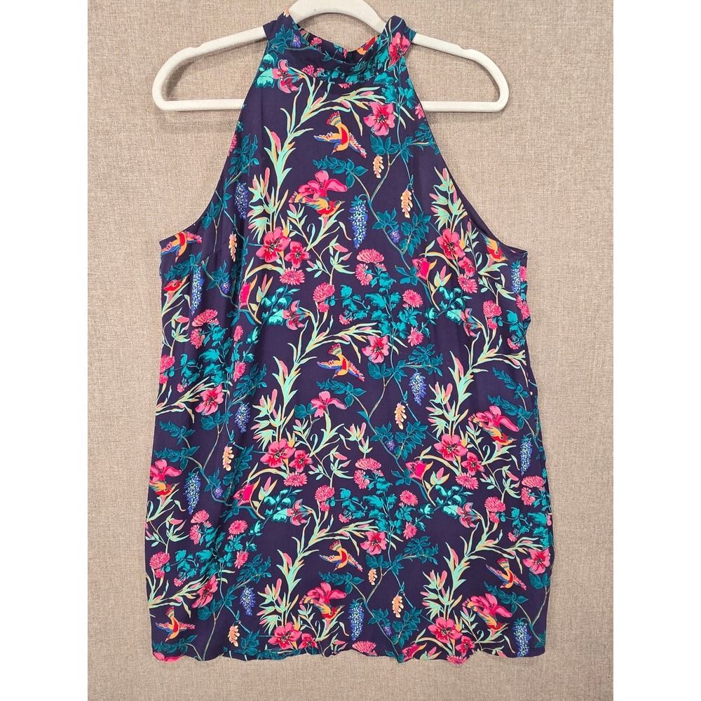 Decree Womens XL Purple Floral Bird Print Halter Neck Sleeveless Blouse Top